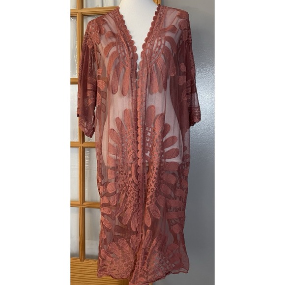 David and Young Sweaters - David And Young Floral Lace Duster Kimono OS Open Front Scalloped Hem Boho Beach